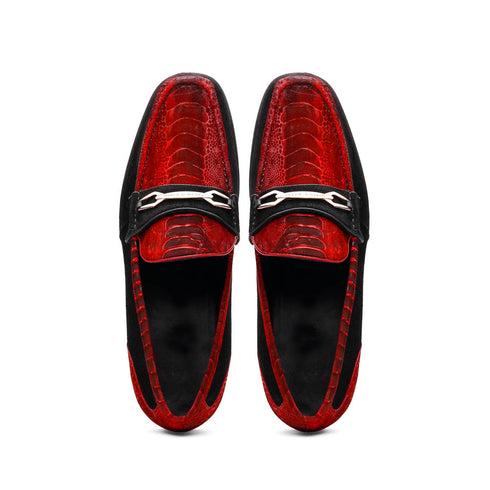 Marco Di Milano Red-Black Hugo Sueded Ostrich Leg Bit Loafers