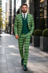 Men's Designer One Button Peak Lapel Italian Wool Suit with Double Breasted Vest in Hunter Green Plaid