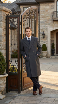 Men’s Dark Grey 44 Inch Double Breasted Wool Blend Overcoat, Long Length Dress Coat