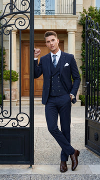 Men’s Navy Gangster Pinstripe Suit with 2 Button Jacket, Double Breasted Vest and Pants