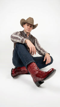 Men’s Red Eel Cowboy Boots with Pointed Toe, Original Leather Western Dress Boots