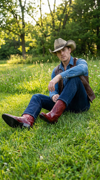 Men’s Red Eel Cowboy Boots with Pointed Toe, Original Leather Western Dress Boots