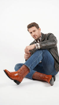 Men’s Red Eel Cowboy Boots with Pointed Toe, Original Leather Western Dress Boots