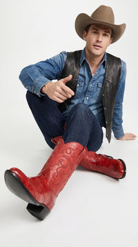Men’s Red Eel Cowboy Boots with Pointed Toe, Original Leather Western Dress Boots