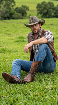 Men’s Brown Caiman Crocodile Tail Cowboy Boots with European Toe, Exotic Western Dress Boots
