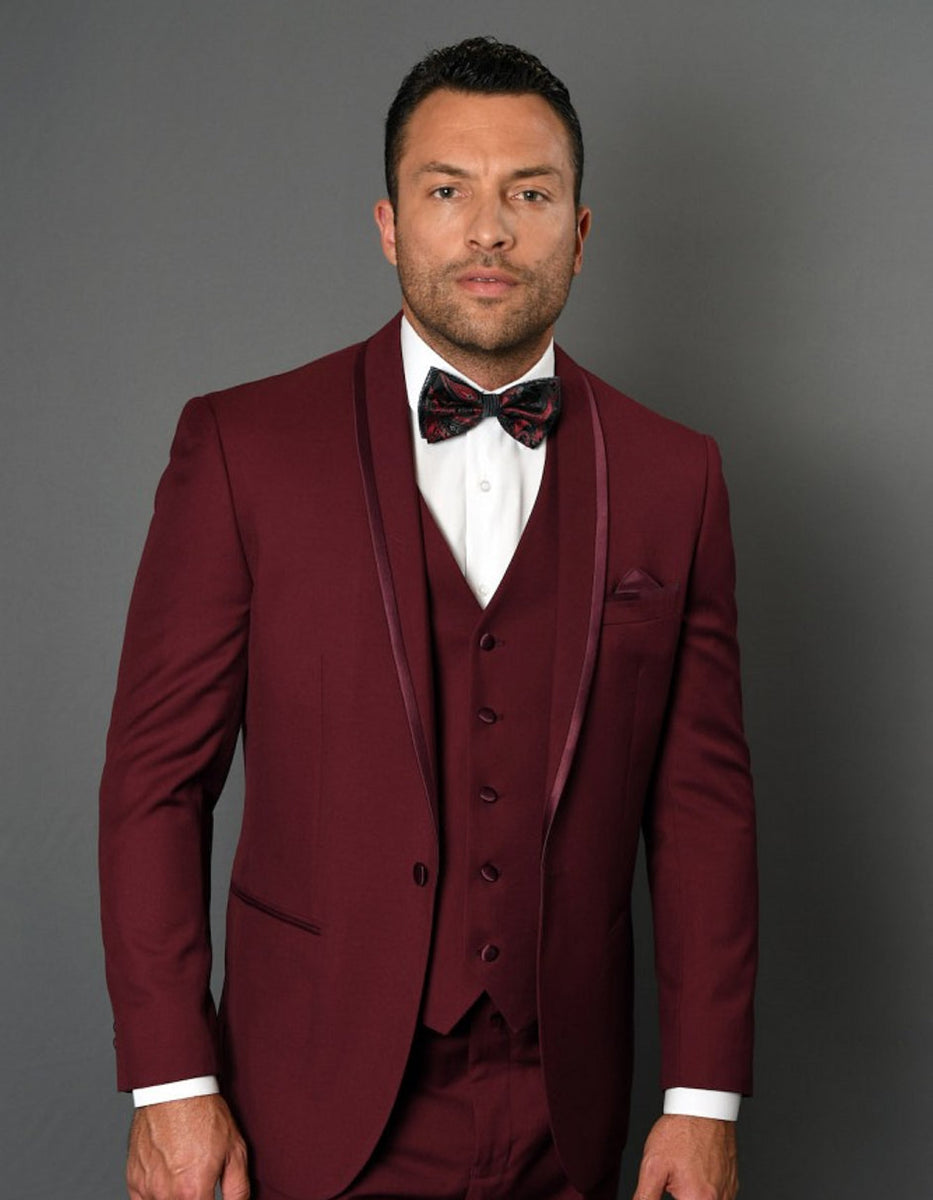 Mens One Button Satin Trim Notch Prom Tuxedo in Shiny Indigo Sharkskin
