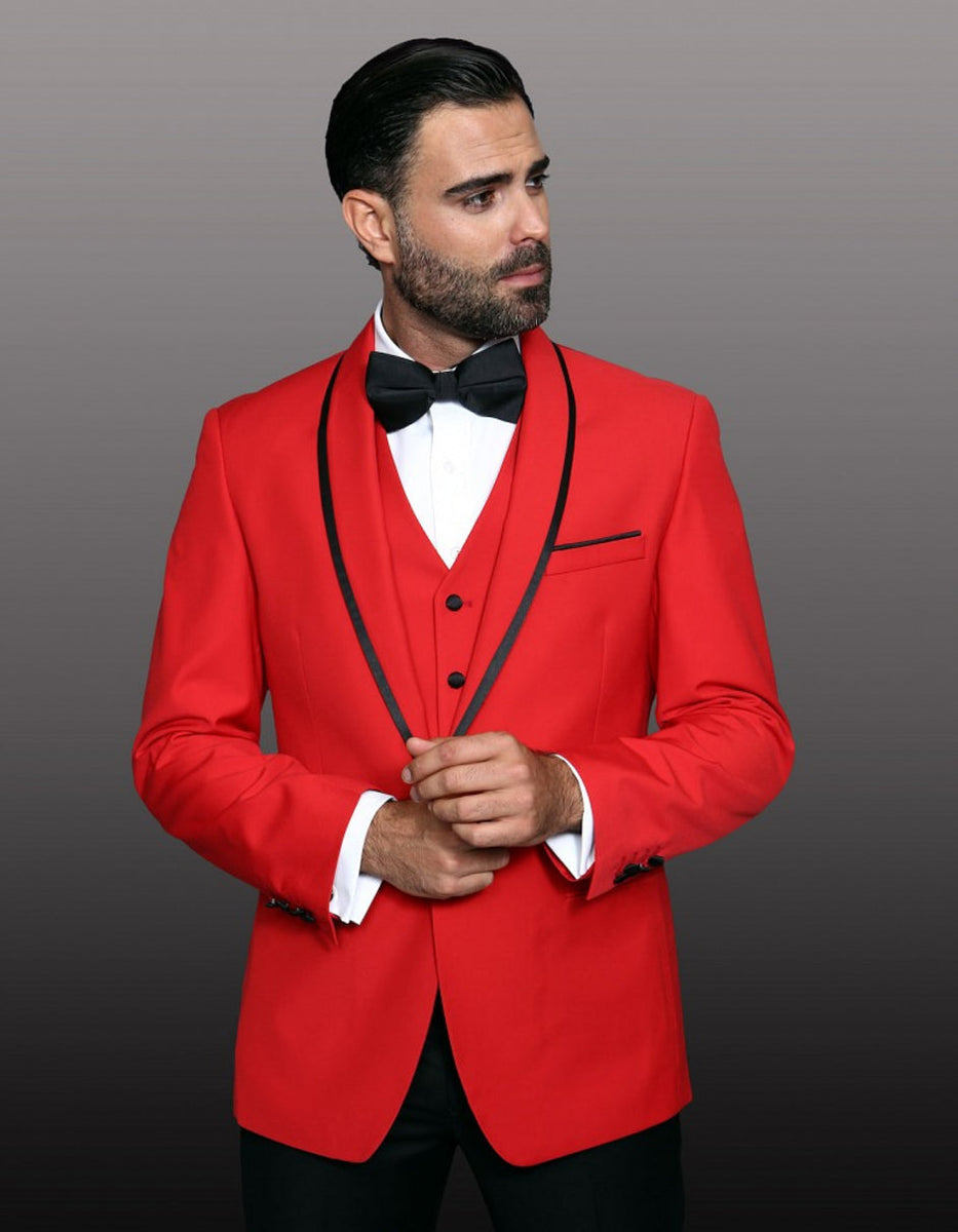 Men's Red Two Tone Trimming 2 Button  Tuxedo - Red Tuxedo