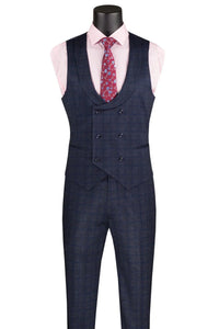 Men’s Navy Blue Plaid Slim Fit 3-Piece Suit – Two Button Vintage Style with Vest