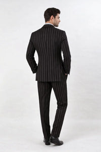 Mens Double Breasted 1920's Wide Bold Gangster Pinstripe Suit In Black