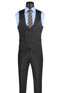 Men’s Two Button Vintage Style Slim Fit Vested Plaid Black Suit