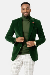 Mens Two Button Modern Fit Velvet Blazer in Hunter Green