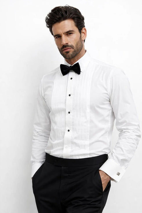 Men's Regular Fit Point Collar Half-Inch Pleat White Tuxedo Shirt & Bowtie Set
