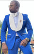 Mens Vested Designer Wide Royal Blue Velvet Shawl Tuxedo in Ivory Paisley Designer Prom Tuxedos