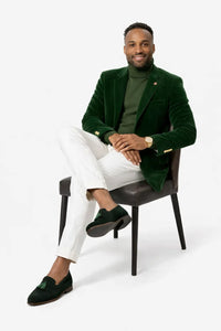 Mens Two Button Modern Fit Velvet Blazer in Hunter Green