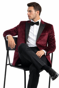 Men's Two Button Peak Lapel Velvet Wedding & Prom Tuxedo Jacket In Burgundy