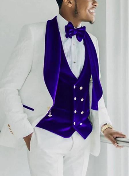 Mens Vested Designer Wide Royal Blue Velvet Shawl Tuxedo in Ivory Paisley Designer Prom Tuxedos