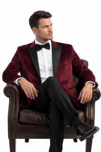 Men's Two Button Peak Lapel Velvet Wedding & Prom Tuxedo Jacket In Burgundy
