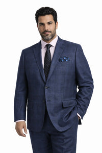 Mens Two Button Classic Fit Sport Coat Blazer In Navy Blue Windowpane Plaid