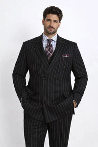 Mens Double Breasted 1920's Wide Bold Gangster Pinstripe Suit In Black