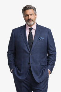 Mens Two Button Classic Fit Sport Coat Blazer In Navy Blue Windowpane Plaid