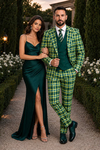 Men's Designer One Button Peak Lapel Italian Wool Suit with Double Breasted Vest in Hunter Green Plaid