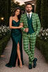 Men's Designer One Button Peak Lapel Italian Wool Suit with Double Breasted Vest in Hunter Green Plaid
