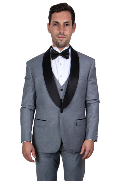 Mens Gray Tuxedo - Grey Wedding Suit-Mens Stacy Adams Vested One Button Shawl Lapel Tuxedo In Grey