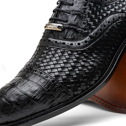 Marco Di Milano John Black Shoes Exotic Caiman Crocodile / Woven Leather Dress Oxfords