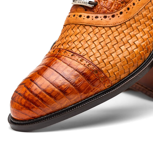 Marco Di Milano John Brandy Shoes Exotic Caiman Crocodile / Woven Leather Dress Oxfords