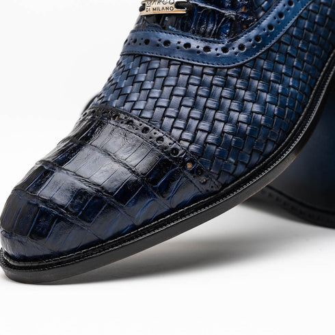 Marco Di Milano John Navy Shoes Exotic Caiman Crocodile / Woven Leather Dress Oxfords