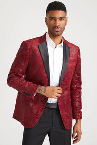 Men's Stacy Adam's Paisely Velvet Prom & Wedding Tuxedo Jacket In Red
