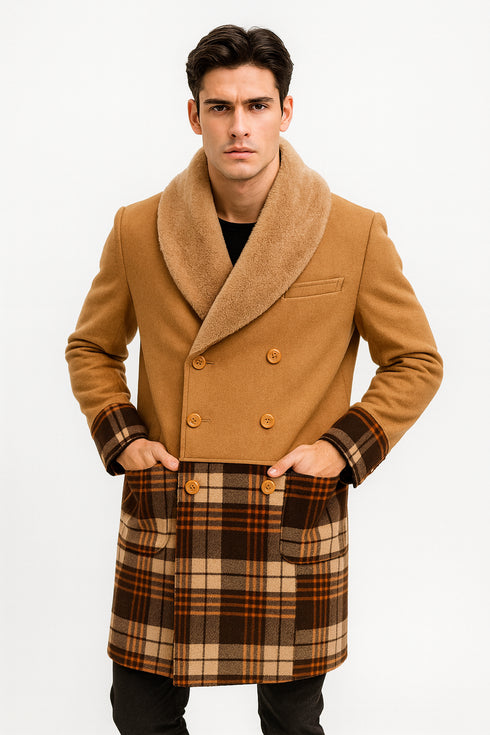 Mens Khaki Plaid Overcoat - Wool Peacoat - Plaid Topcoats