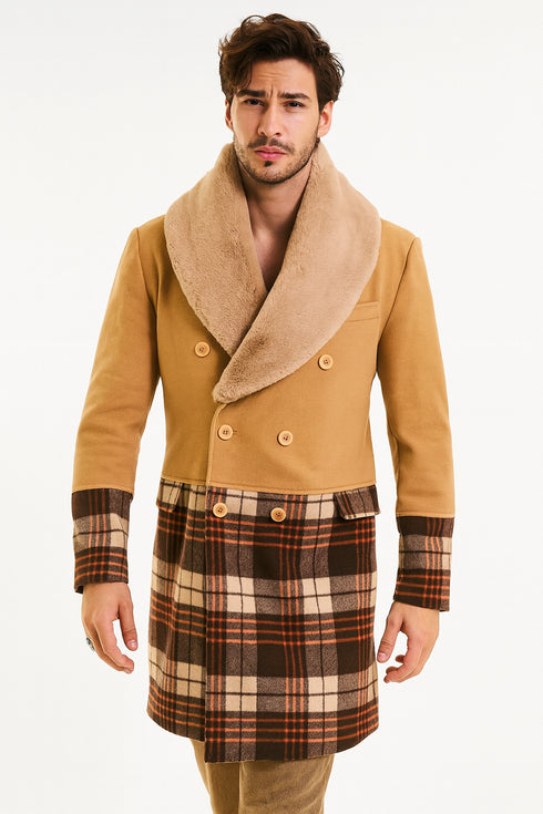 Mens Khaki Plaid Overcoat - Wool Peacoat - Plaid Topcoats