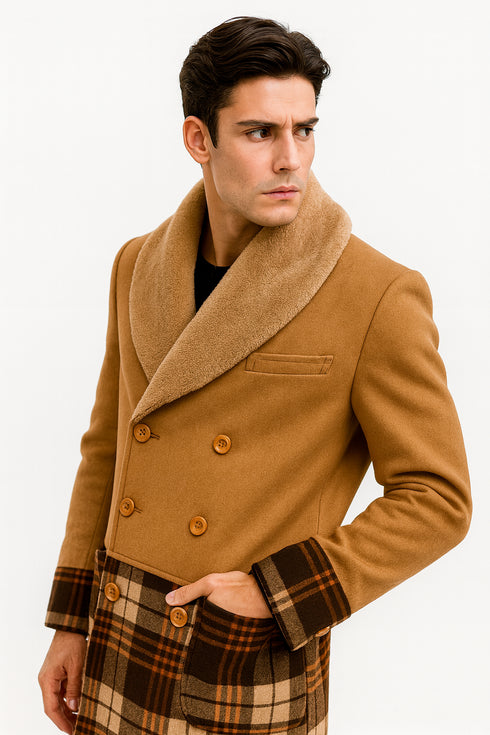 Mens Khaki Plaid Overcoat - Wool Peacoat - Plaid Topcoats