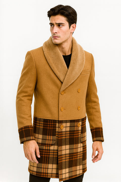 Mens Khaki Plaid Overcoat - Wool Peacoat - Plaid Topcoats