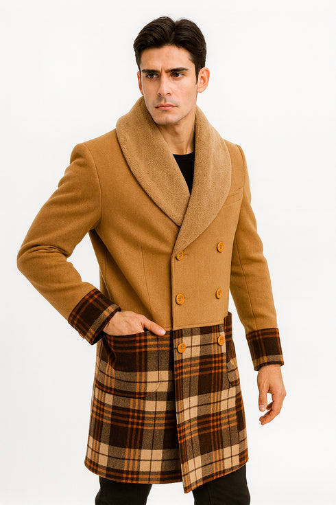 Mens Khaki Plaid Overcoat - Wool Peacoat - Plaid Topcoats
