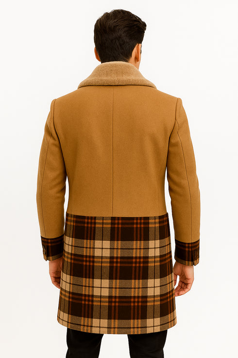 Mens Khaki Plaid Overcoat - Wool Peacoat - Plaid Topcoats