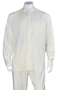 Mens Long Sleeve Mandarin Collar Casual Leisure Set in Cream