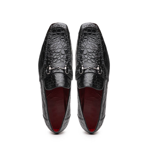 Marco Di Milano Landro Shoes Black Exotic Crocodile Horsebit Loafers