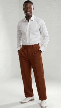 Mens Wide Leg Pants Classic Fit Pleated Pants in Color "Cognac" 20.5 inch bottom Pants come lined to the knee.