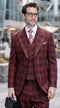 Statement Men's 3-Piece 100% Wool Tailored Fit Glen Plaid Suit - Double Breasted Vest - Burgundy