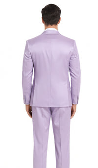 Tazzio Men's Lavender Satin Double Breasted 3 Piece Skinny Fit Suit with Peak Lapel Vest and Matching Bowtie – Stylish Formalwear Set