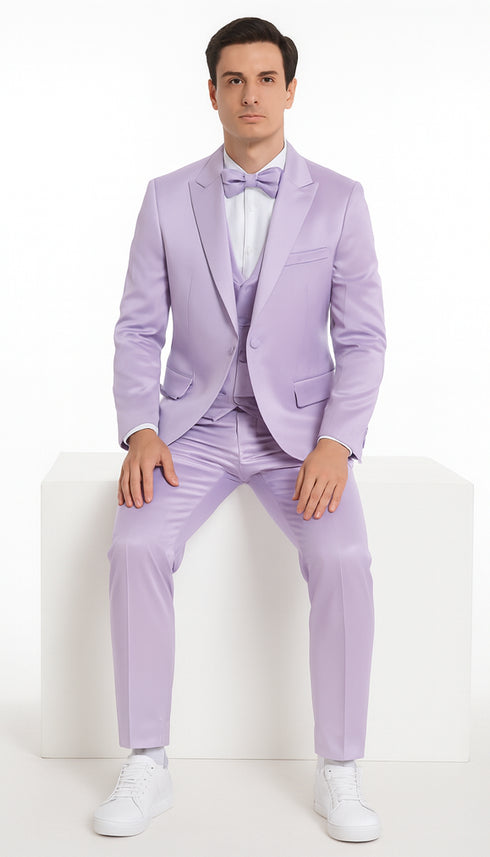 Tazzio Men's Lavender Satin Double Breasted 3 Piece Skinny Fit Suit with Peak Lapel Vest and Matching Bowtie – Stylish Formalwear Set