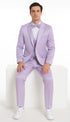 Tazzio Men's Lavender Satin Double Breasted 3 Piece Skinny Fit Suit with Peak Lapel Vest and Matching Bowtie – Stylish Formalwear Set
