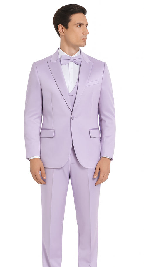 Tazzio Men's Lavender Satin Double Breasted 3 Piece Skinny Fit Suit with Peak Lapel Vest and Matching Bowtie – Stylish Formalwear Set