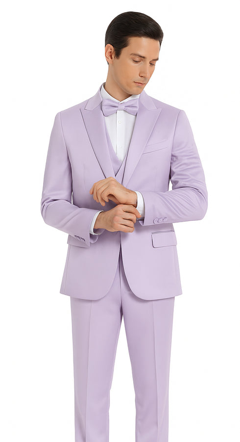 Tazzio Men's Lavender Satin Double Breasted 3 Piece Skinny Fit Suit with Peak Lapel Vest and Matching Bowtie – Stylish Formalwear Set