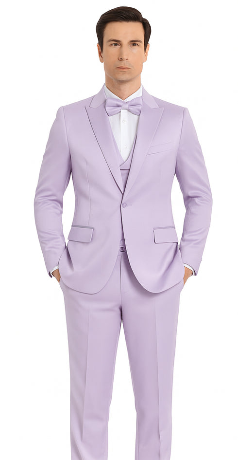 Tazzio Men's Lavender Satin Double Breasted 3 Piece Skinny Fit Suit with Peak Lapel Vest and Matching Bowtie – Stylish Formalwear Set