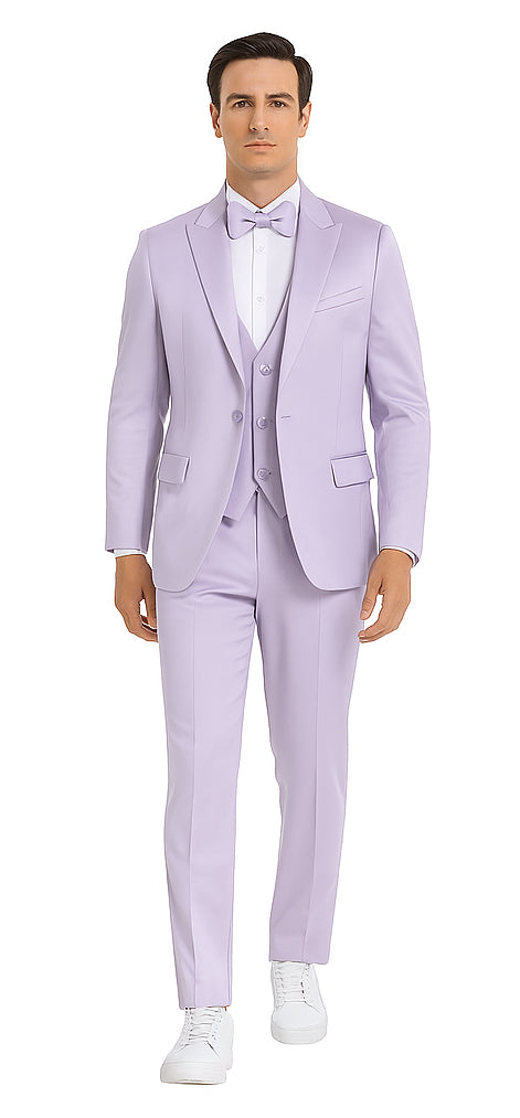 Tazzio Men's Lavender Satin Double Breasted 3 Piece Skinny Fit Suit with Peak Lapel Vest and Matching Bowtie – Stylish Formalwear Set