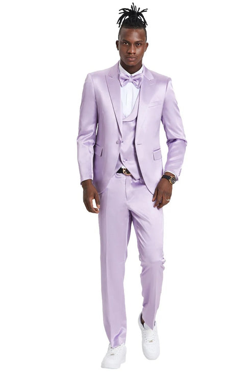 Men's One Button Vested Shiny Satin Sharkskin Prom & Wedding Lavender Party Suit Lavender Prom Tuxedos