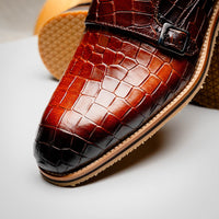 Zelli Legerra Hand-Burnished Crocodile Print Monk Strap in Cognac